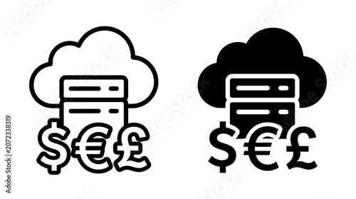 Cloud computing server icons with currency symbols for financial data storage and online transactions.
