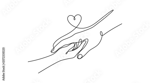 Continuous line drawing of two hands holding with heart.