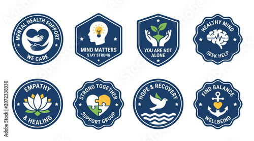 Set of mental health and wellness support badges.