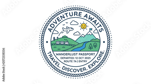 Vintage travel badge with mountain landscape and adventure text.