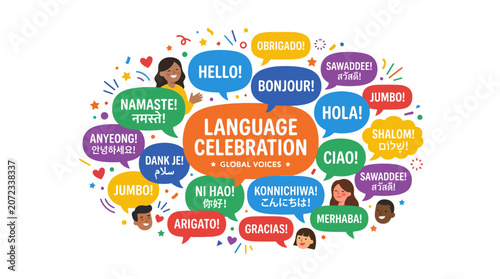 Diverse people celebrating global languages in colorful speech bubbles.
