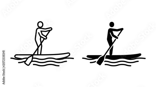 Two simple line art icons representing a person paddleboarding on water.