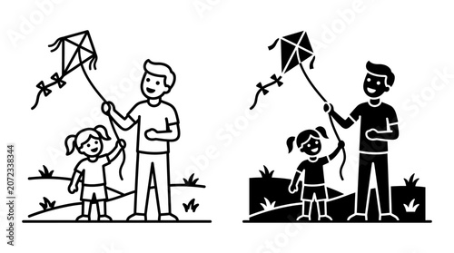 Father and Daughter Flying a Kite Together Outdoors on a Sunny Day.
