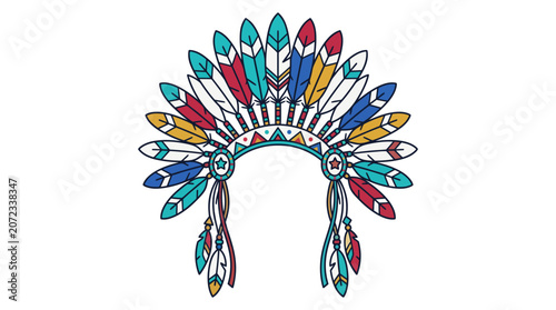 Colorful Native American feathered headdress illustration on white background.