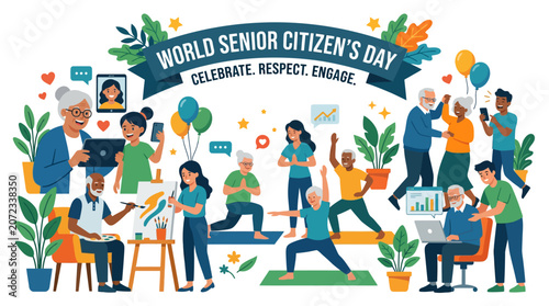 World Senior Citizen's Day illustration with active elderly people.