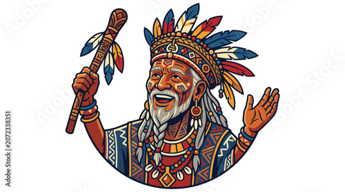 Traditional Indigenous man in ceremonial headdress illustration.