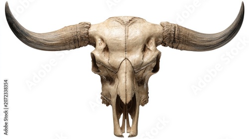 Large buffalo skull with horns on white.