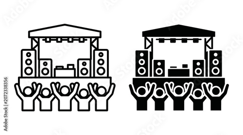 Outline and Silhouette Icons of a Music Concert Stage with Audience.