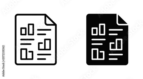 Two icons representing a document with charts and graphs, one in outline and one in solid black.