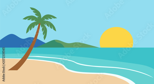 Flat design tropical beach landscape with palm tree, ocean, and setting sun