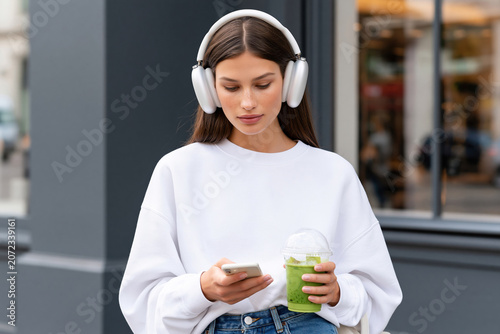 Young woman wearing wireless headphones while checking her smartphone and holding a matcha smoothie in an urban setting