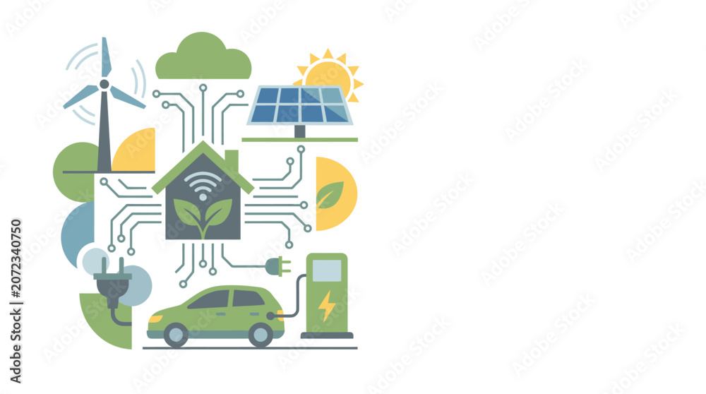 Fototapeta premium Smart home technology integrating renewable energy sources like solar and wind power with electric vehicle charging infrastructure.