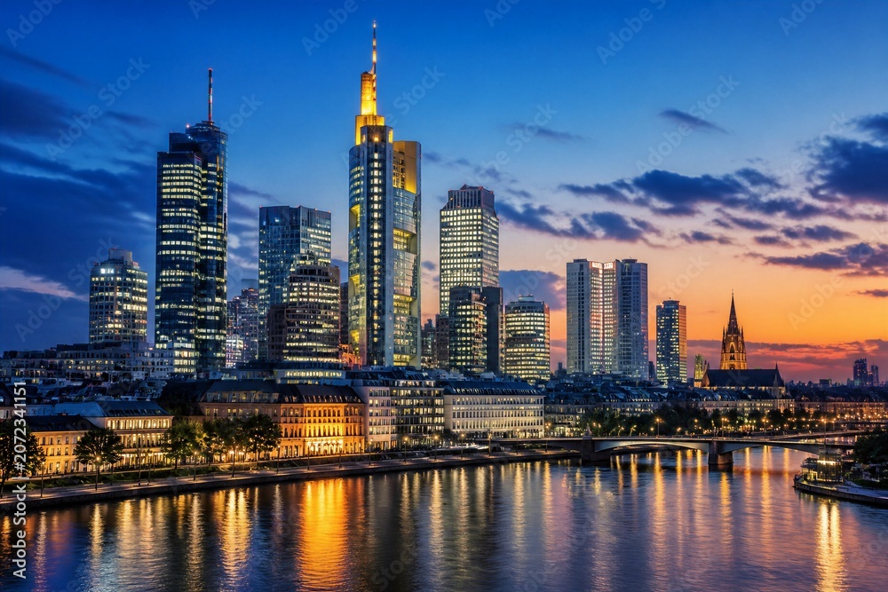 Naklejka premium City skyline illuminated at dusk along riverside waterfront