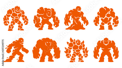 Quadro em tela Orange rock monster and golem character silhouette set.