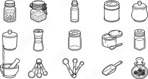 Black and White Line Art Icons of Kitchen Utensils and Spice Containers