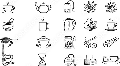 Schilderij op canvas Black and White Line Art Icons of Tea Accessories and Ingredients, Coffee Cups,