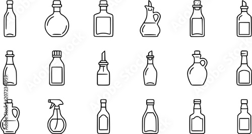 Photos Black and White Line Art Icons of Various Liquid Bottles, Jars, and Containers f