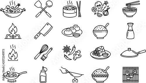 Foto Asian Food Icons: Line Art Collection of Cooking, Ingredients  Dishes for Chines