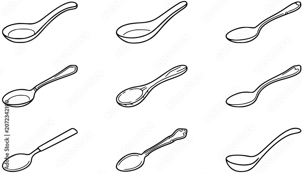 Fototapeta premium Food Dining Utensils: Collection of Various Spoons in Black and White Line Art Style Drawing for Kitchen and Restaurant Concepts.