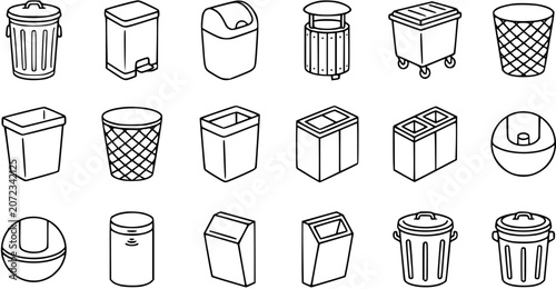 Black  White Line Art Vector Icon Set of Waste Management and Recycling Bins. Featuring Various Trash Cans, Dustbins, and Refuse Containers for Environmental Use.