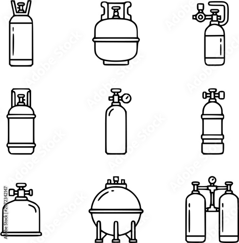 Industrial Gas Cylinders and Tanks Outline Icons Set. Line Art Collection of Pressure Vessels, Gas Bottles, Propane, Oxygen, and Welding Tanks.