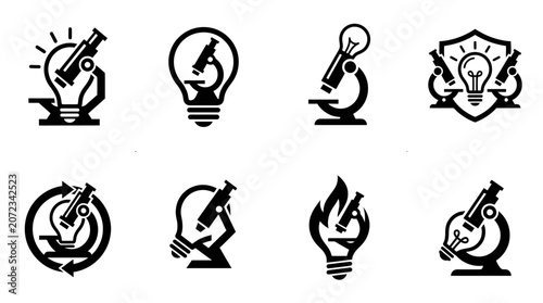 Schilderij op canvas Laboratory microscope and scientific discovery icon set.