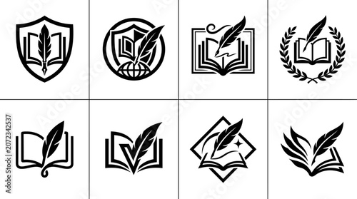 Elegant quill and open book literature icons.