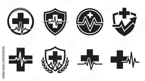Heartbeat pulse and medical emergency cross icons