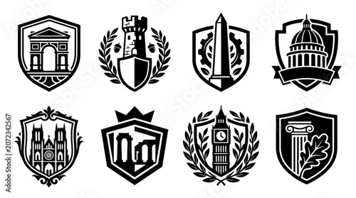 Government architectural crests and shield icons set.