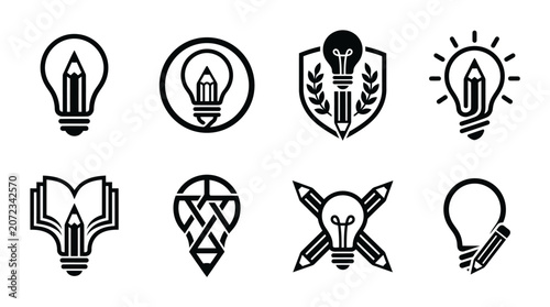 Creative lightbulb and pencil idea icon collection.