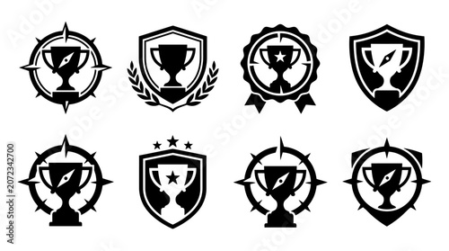 Victory trophy and award achievement shield icons.
