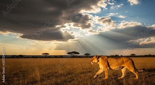 Female Lion Standing in African Savanna With Cinematic Wildlife Lighting