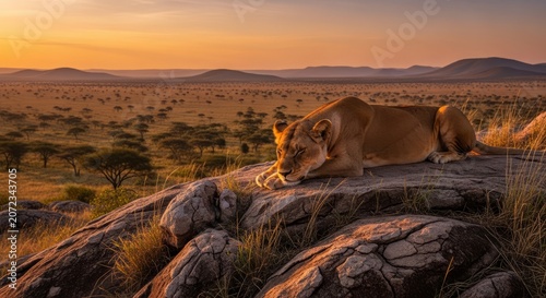 Female Lion Standing in African Savanna With Cinematic Wildlife Lighting