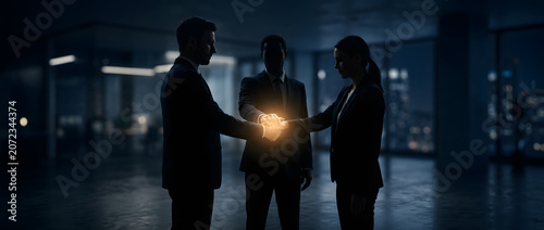 Three business professional joining glowing hand together in dark corporate space