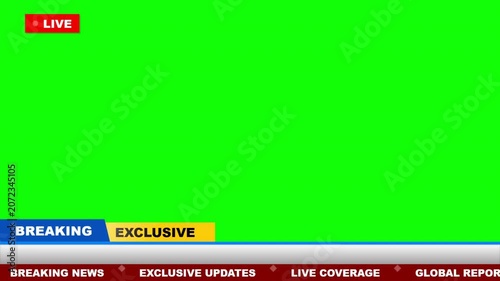 Breaking news green screen interface with live broadcast lower third and scrolling ticker
