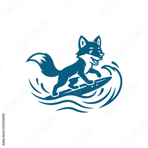 Sticker Sporty cartoon fox surfing on a wave blue icon.