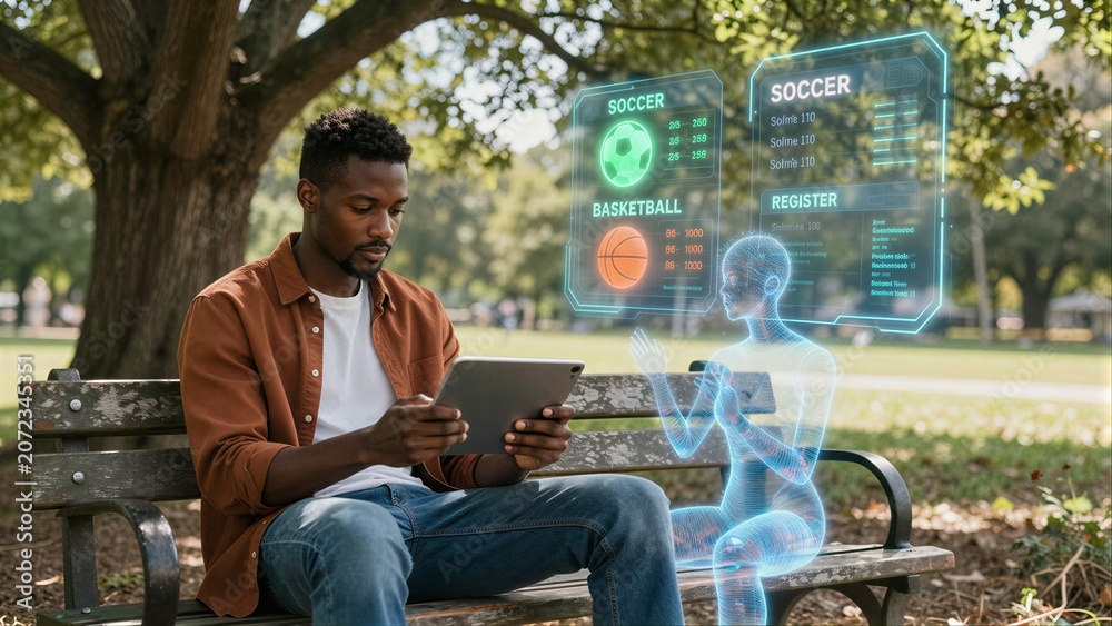 Fototapeta premium Man uses tablet in park, holograms show sports data and human anatomy.