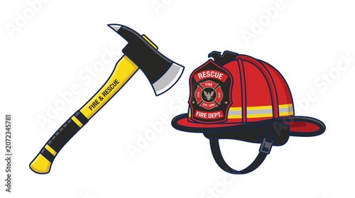 Konstfotografi Firefighter equipment fire helmet axe.