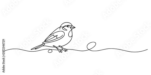 Line Art Bird, Minimalist continuous line drawing of a small bird perched on a line, symbolizing simplicity and calmness