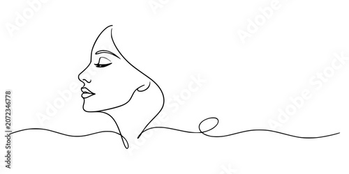 Line Art Woman, Minimalist continuous line drawing of a woman’s face in profile, symbolizing beauty and serenity.