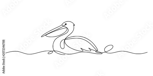 Line Art Pelican, Minimalist continuous line drawing of a pelican sitting calmly, symbolizing patience and coastal life.