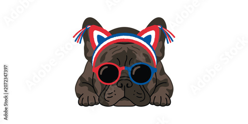 Cute brown french bulldog wearing patriotic accessories on fourth of July