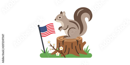 Patriotic Squirrel Celebrating USA Independence Day on Tree Stump