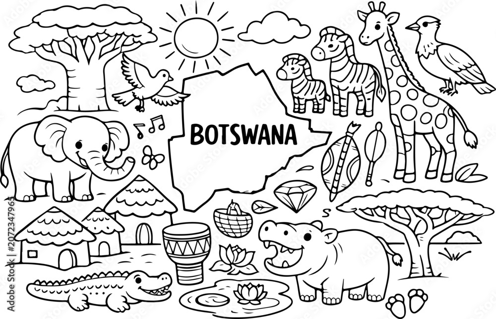 Fototapeta premium botswana landmarks cartoon outline hand drawn Line Art illustration doodle art coloring page for kids