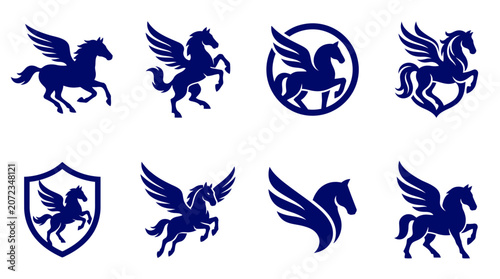 Konstfotografi Blue pegasus and winged horse logo emblems set.