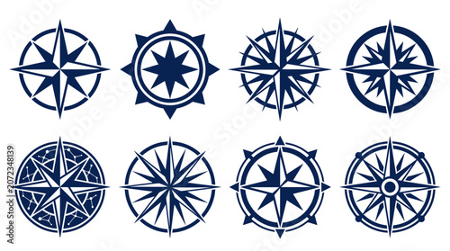 Set of nautical blue compass rose wind star icons.