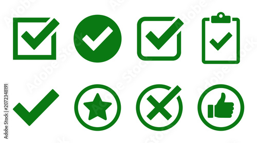 Green checkmark and success tick icons set.