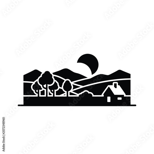 Stylized Silhouette of a Rural Landscape with a House and Mountains.