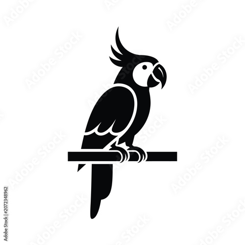 Black and white silhouette of a cockatoo parrot perched on a branch.