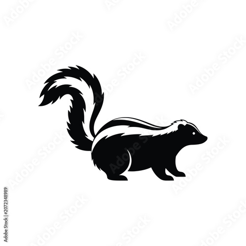 Silhouette of a skunk with a striped tail.